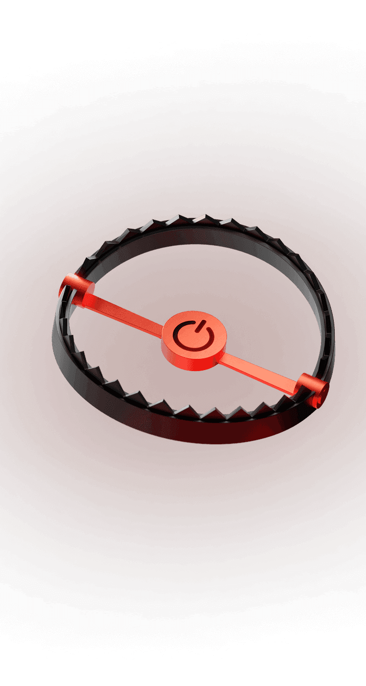 3D rendering of a black, circular bear trap with jagged teeth and a bright red arm extending from center with power symbol