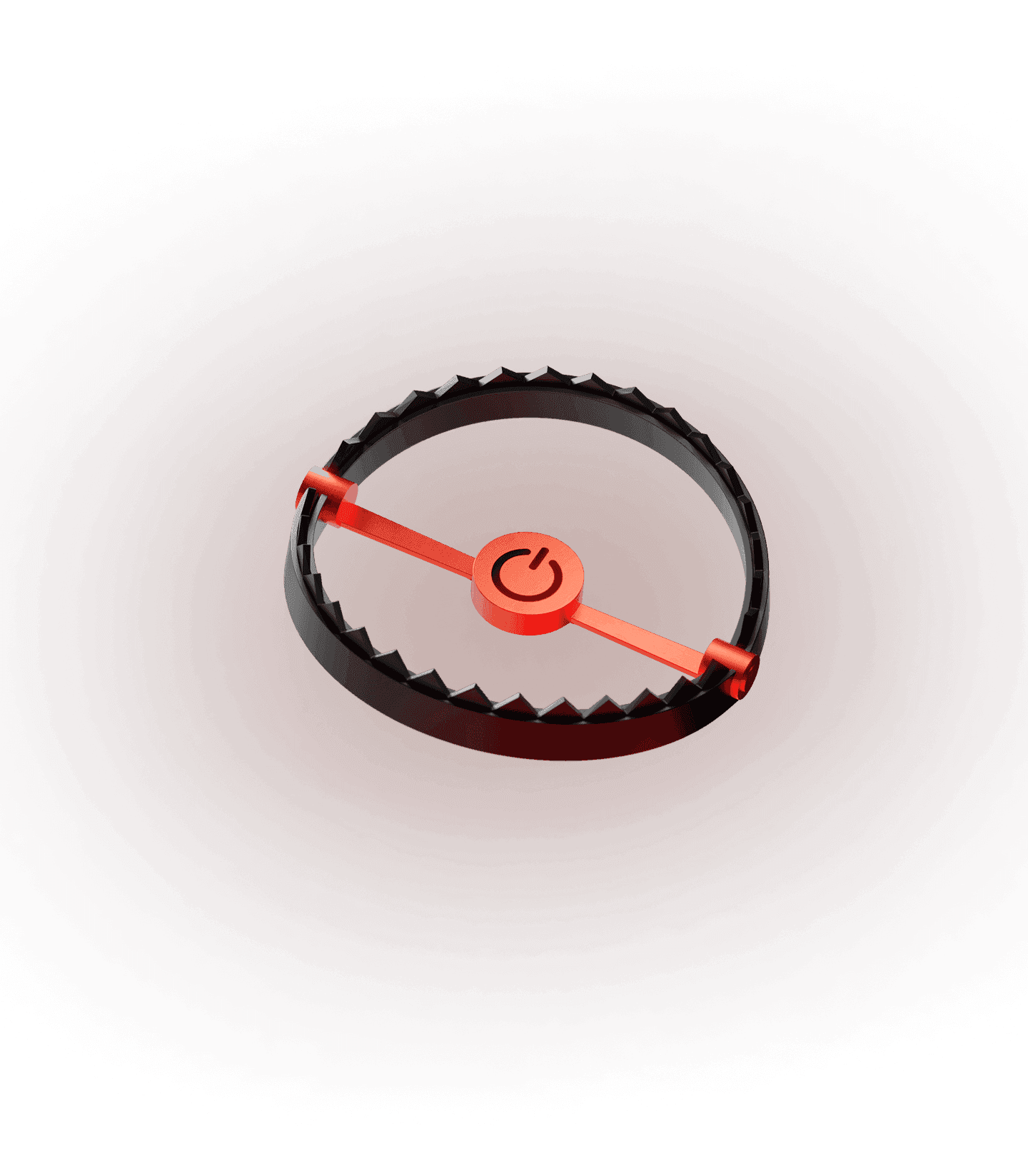 3D rendering of a black, circular bear trap with jagged teeth and a bright red arm extending from center with power symbol