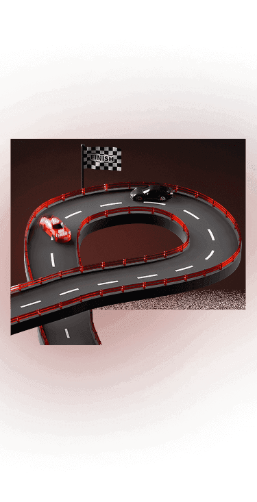 Race track with red car heading to finish line